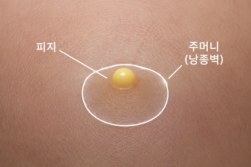 피부 속 주머니(낭종) 안에 피지가 쌓인 모습