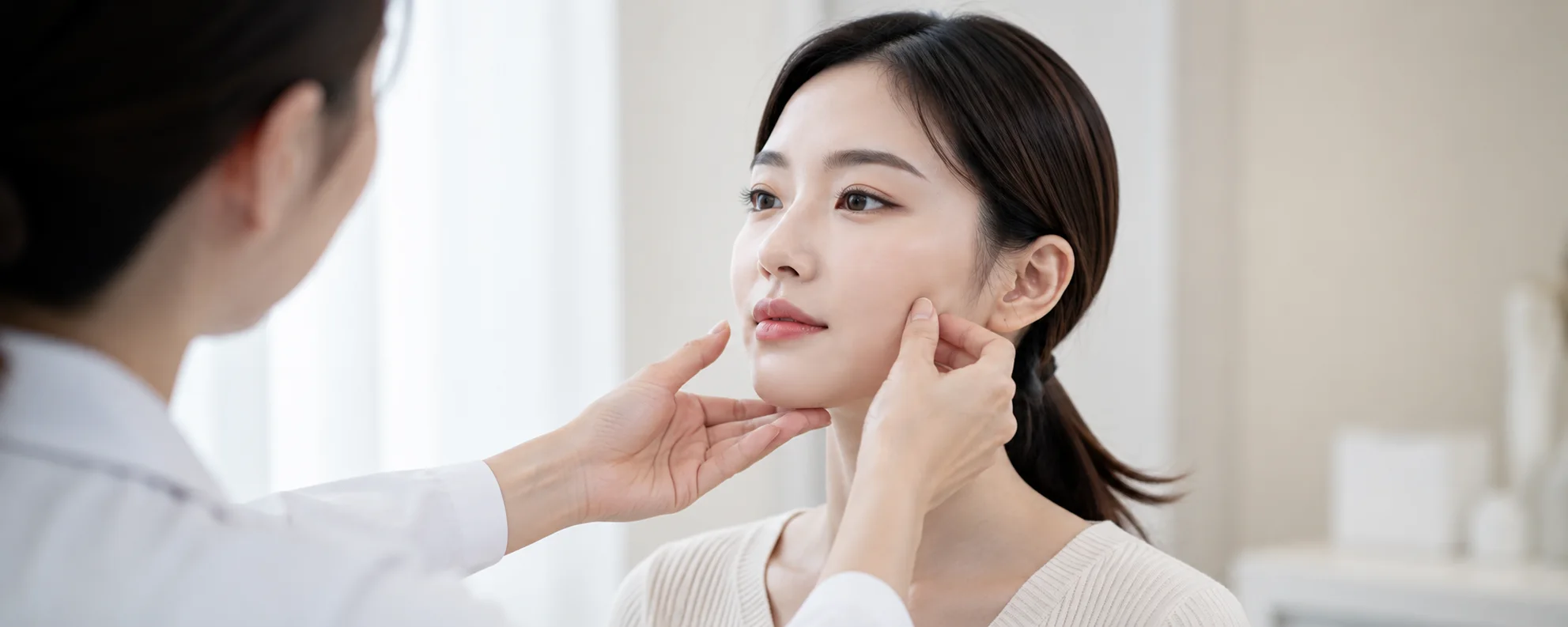 원장이 환자의 얼굴 상태를 직접 살피는 진료 장면